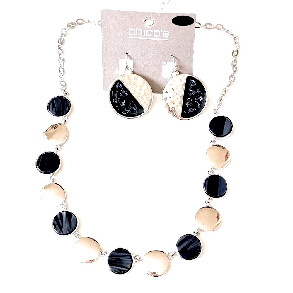 CHICO’s | NWT | Silver & Marbleized Navy Enamel Dot Necklace & Earring Set ✨ - Picture 9 of 9